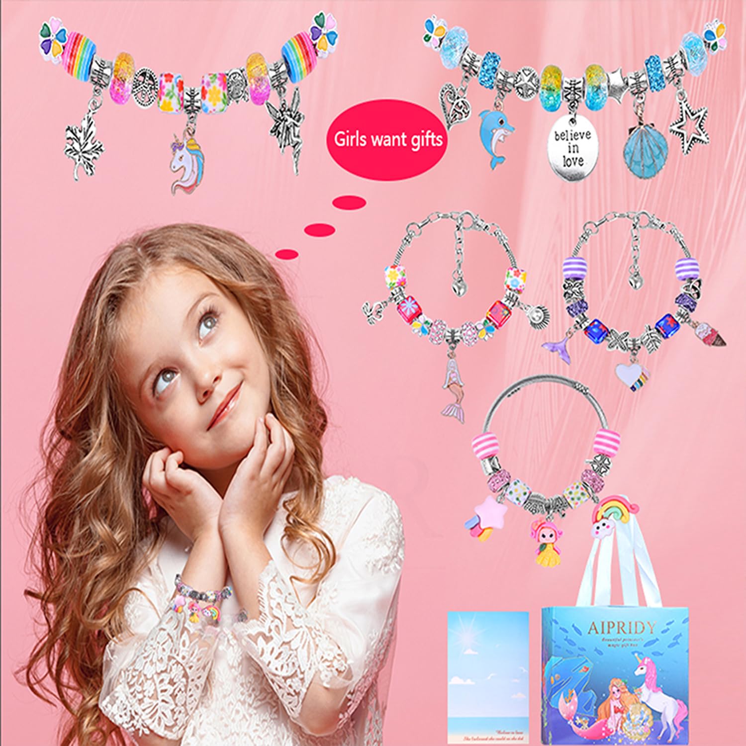 AIPRIDY 84-Piece Charm Bracelet Making Kit - Unicorn & Mermaid DIY Jewelry Set for Girls Ages 4+