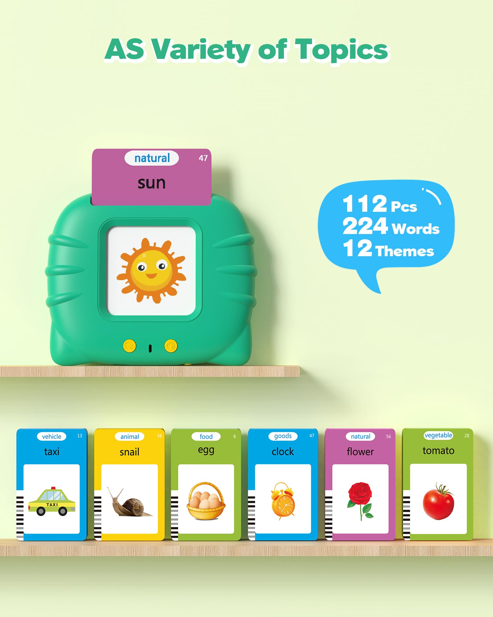 Airbition Talking Flash Cards for Toddlers 1-5, 224 Words, Green - Montessori Speech Therapy Toy with Rechargeable Battery