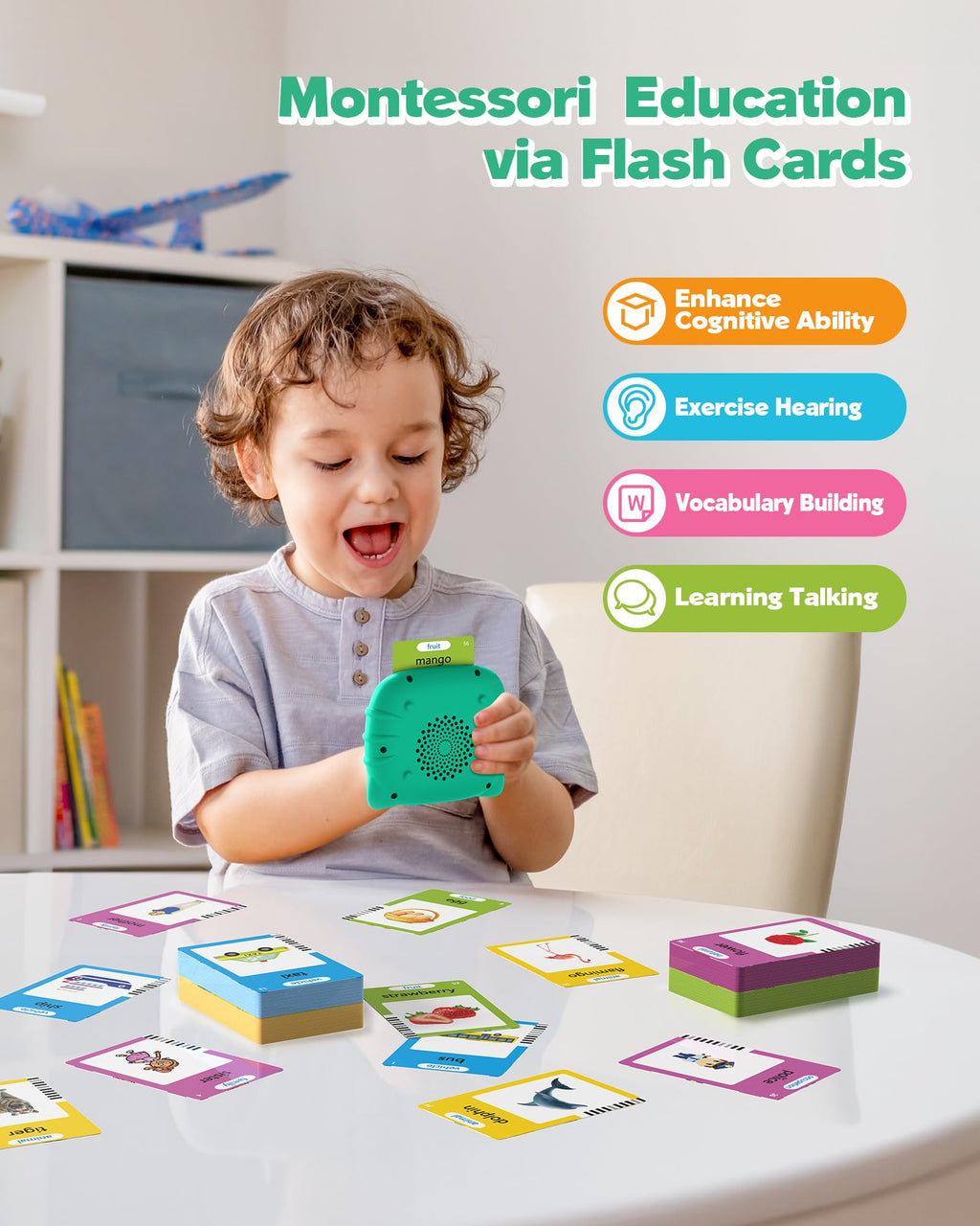 Airbition Talking Flash Cards for Toddlers 1-5, 224 Words, Green - Montessori Speech Therapy Toy with Rechargeable Battery
