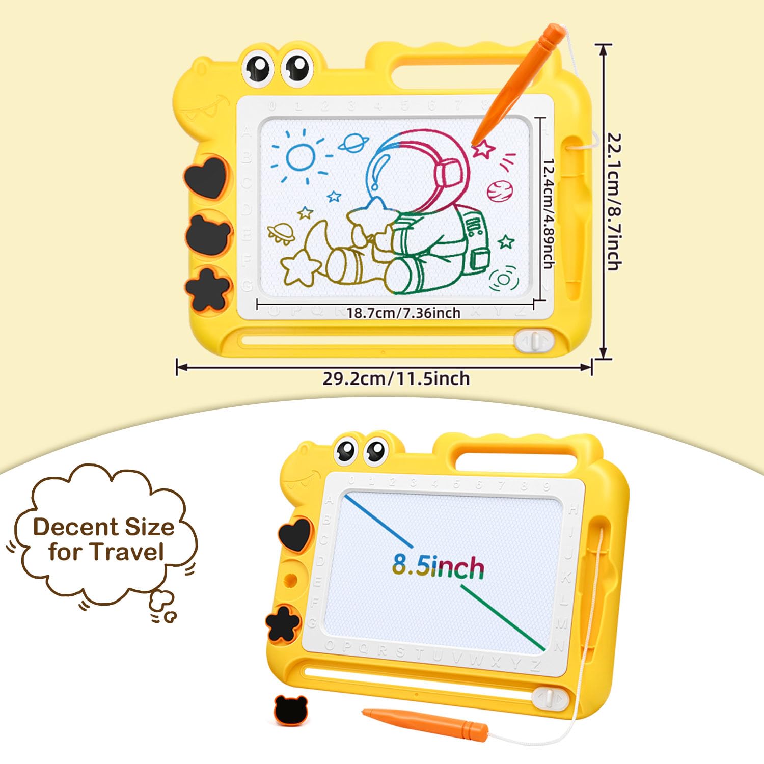 AiTuiTui Magnetic Drawing Board - Colorful Dinosaur Doodle Pad for Toddlers, Mess-Free Travel Toy with Stamps and Letters