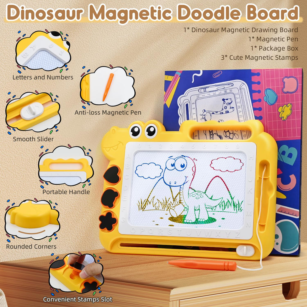 AiTuiTui Magnetic Drawing Board - Colorful Dinosaur Doodle Pad for Toddlers, Mess-Free Travel Toy with Stamps and Letters