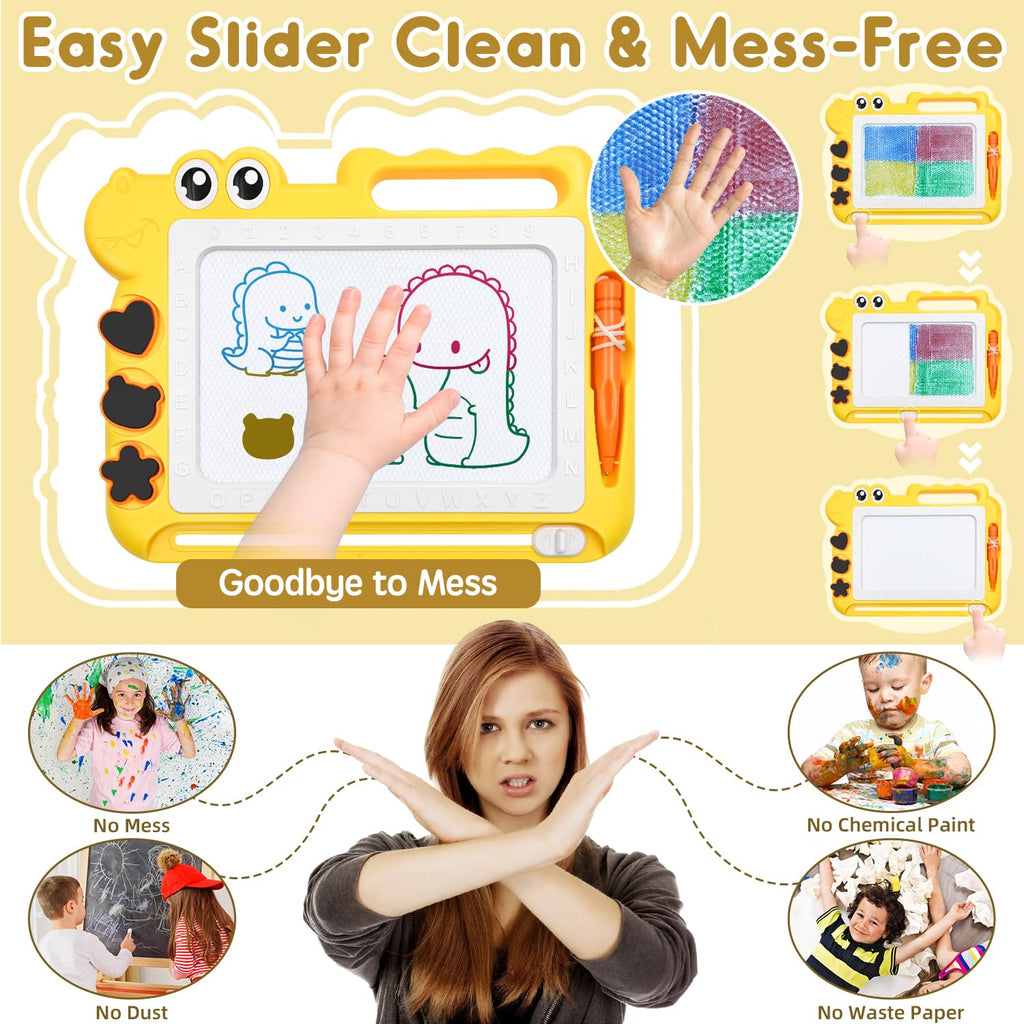 AiTuiTui Magnetic Drawing Board - Colorful Dinosaur Doodle Pad for Toddlers, Mess-Free Travel Toy with Stamps and Letters