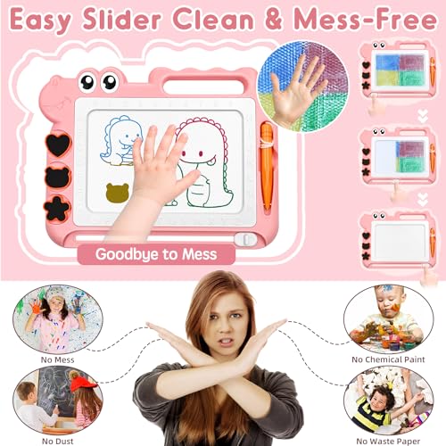 AiTuiTui Magnetic Drawing Board for Toddlers - Pink Dinosaur Doodle Pad with Stamps and Letters