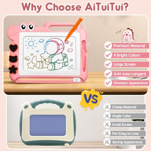 AiTuiTui Magnetic Drawing Board for Toddlers - Pink Dinosaur Doodle Pad with Stamps and Letters