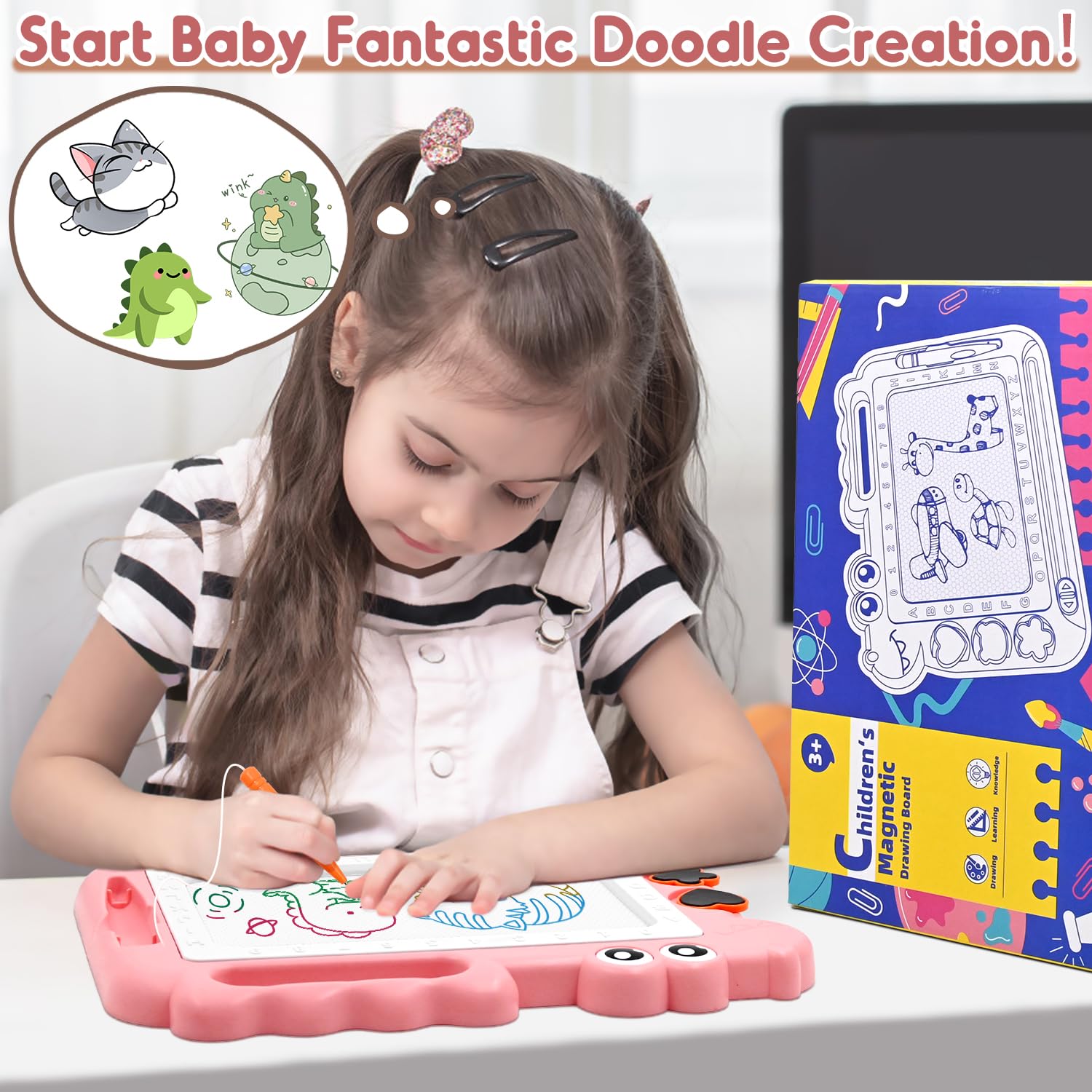AiTuiTui Magnetic Drawing Board for Toddlers - Pink Dinosaur Doodle Pad with Stamps and Letters