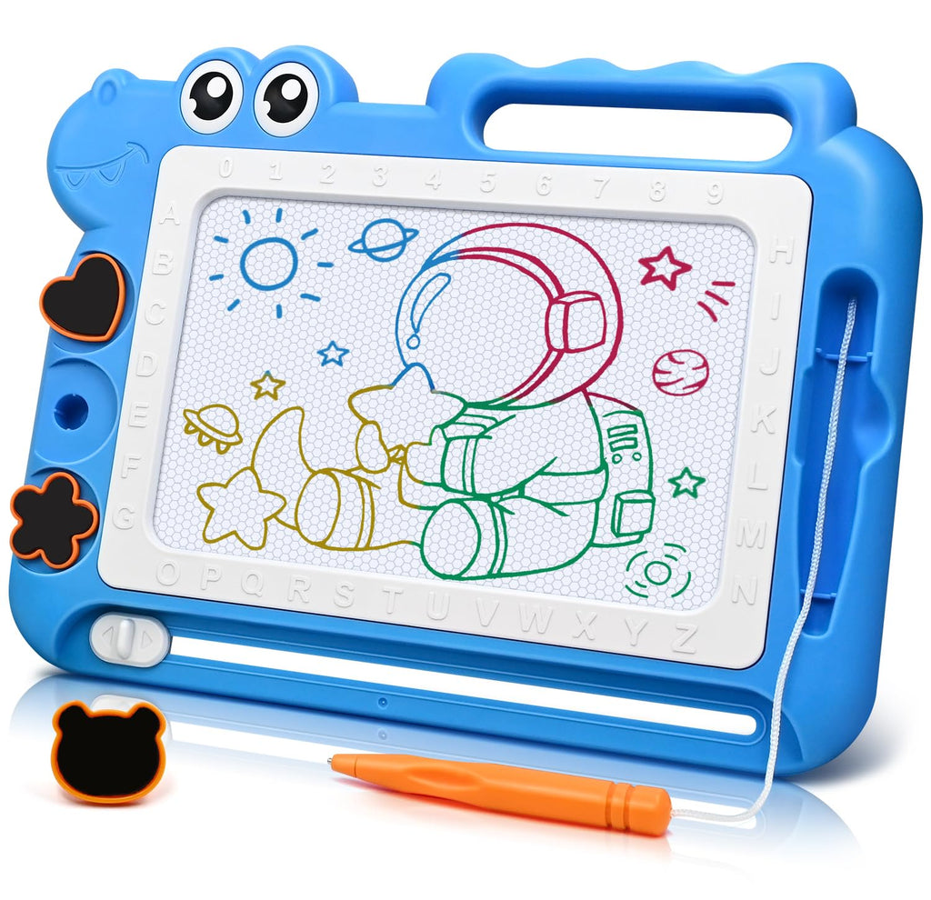 AiTuiTui Magnetic Drawing Board for Toddlers, Dinosaur Doodle Board, Educational Toy with Color Zones, Stamps, and Letters, Blue