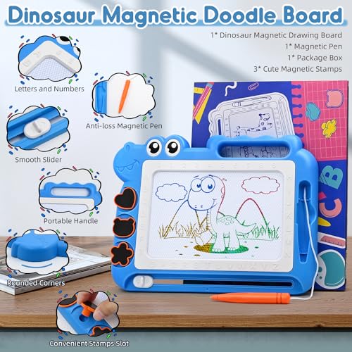 AiTuiTui Magnetic Drawing Board for Toddlers, Dinosaur Doodle Board, Educational Toy with Color Zones, Stamps, and Letters, Blue
