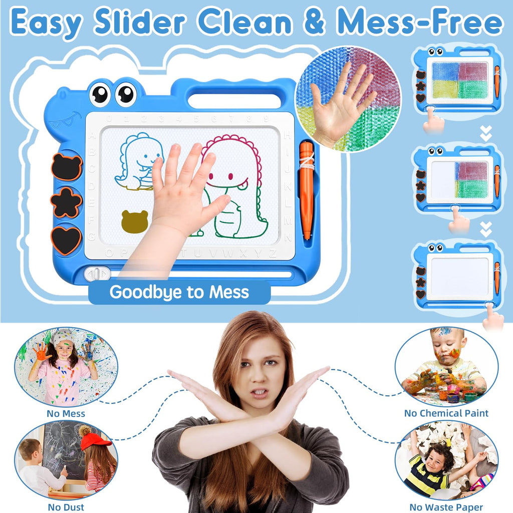 AiTuiTui Magnetic Drawing Board for Toddlers, Dinosaur Doodle Board, Educational Toy with Color Zones, Stamps, and Letters, Blue