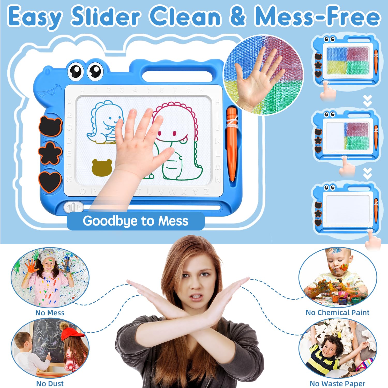AiTuiTui Magnetic Drawing Board for Toddlers, Dinosaur Doodle Board, Educational Toy with Color Zones, Stamps, and Letters, Blue