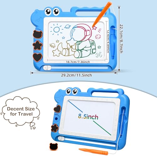 AiTuiTui Magnetic Drawing Board for Toddlers, Dinosaur Doodle Board, Educational Toy with Color Zones, Stamps, and Letters, Blue