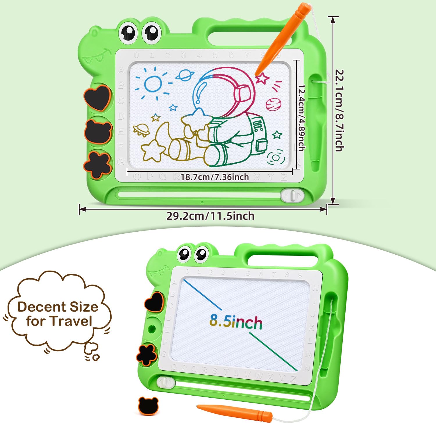 AiTuiTui Magnetic Drawing Board for Toddlers – Green Dinosaur Doodle Pad with Color Zones, Stamps, and Eraser