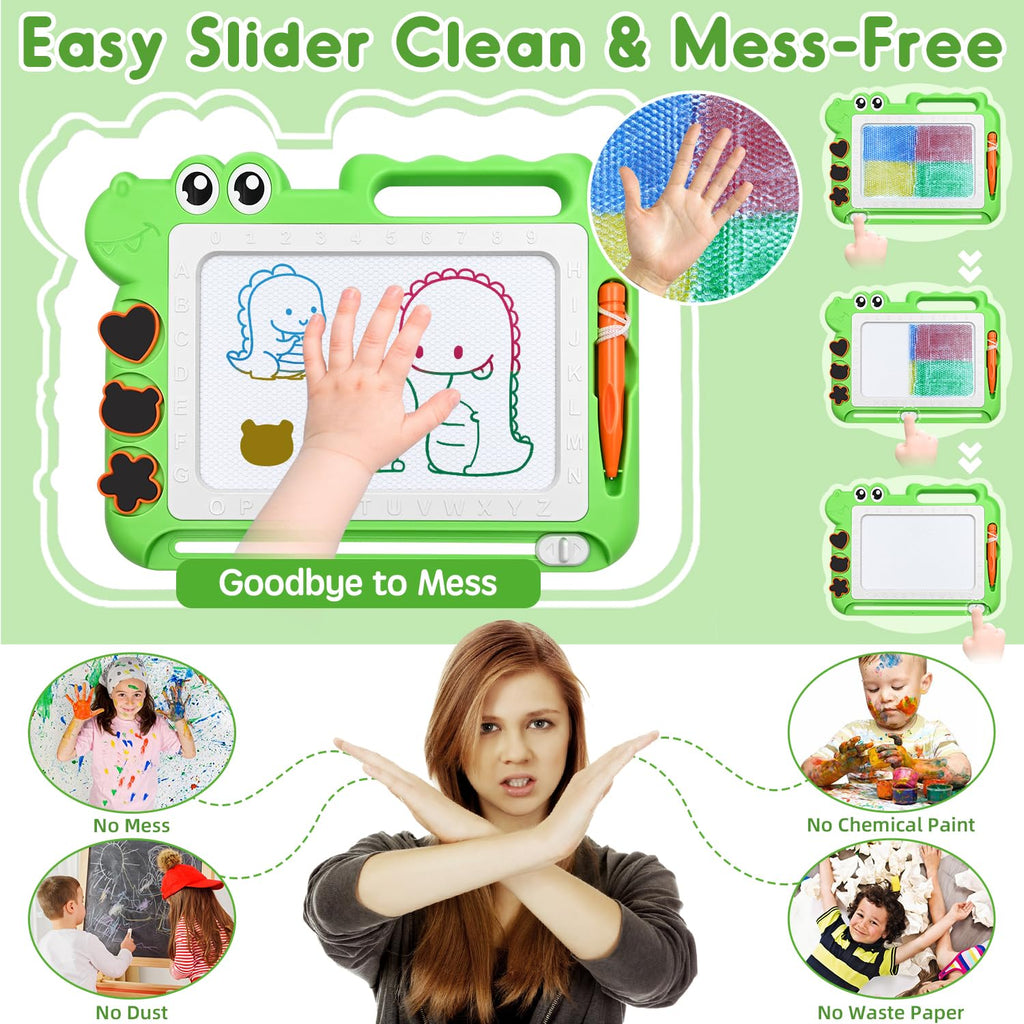 AiTuiTui Magnetic Drawing Board for Toddlers – Green Dinosaur Doodle Pad with Color Zones, Stamps, and Eraser