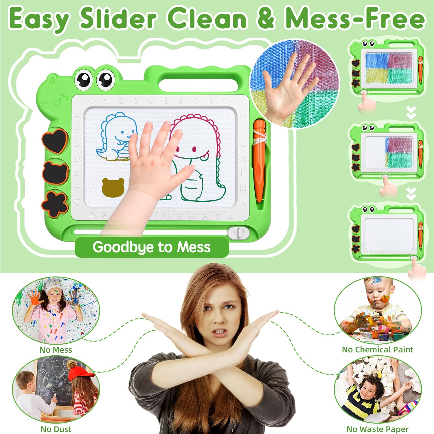 AiTuiTui Magnetic Drawing Board for Toddlers – Green Dinosaur Doodle Pad with Color Zones, Stamps, and Eraser