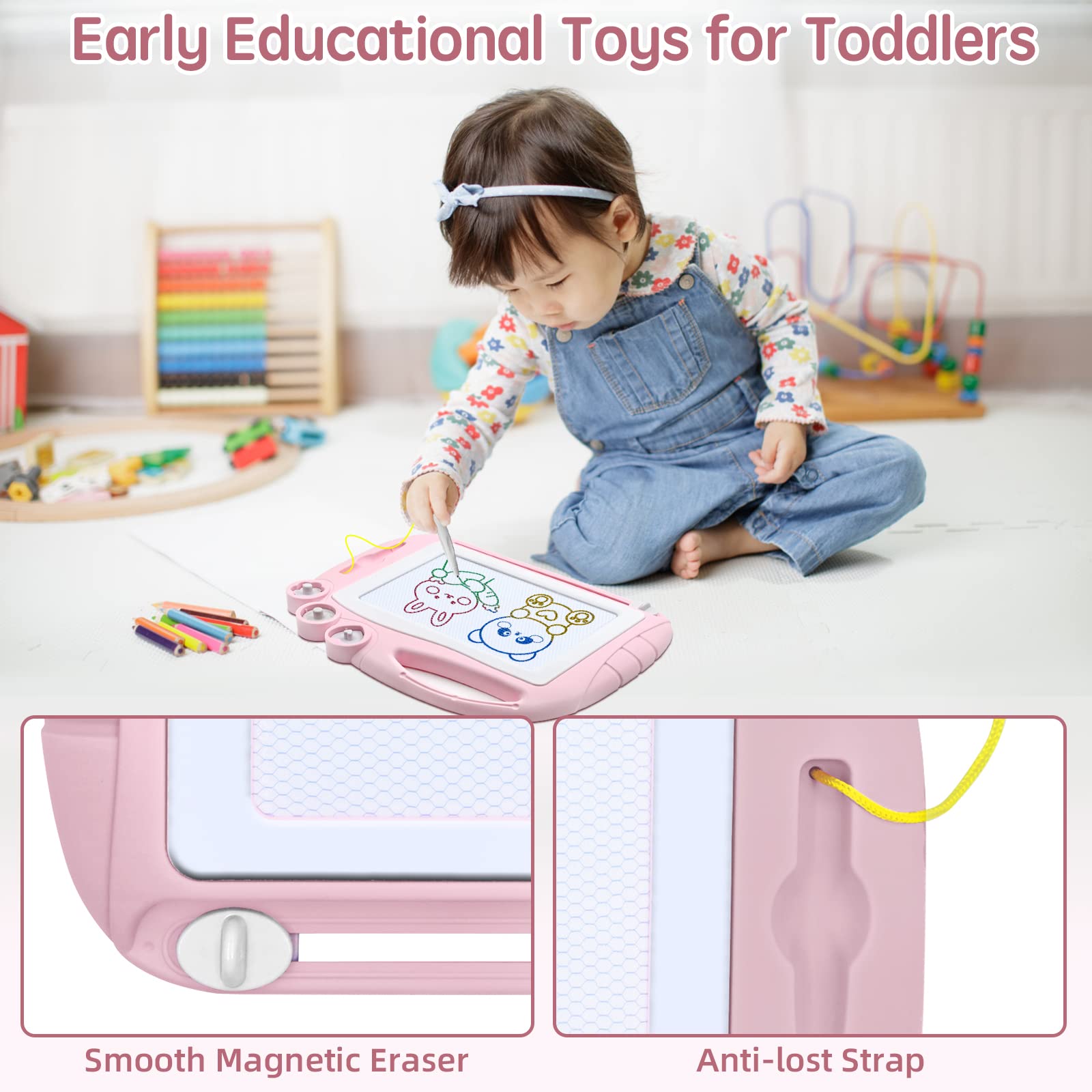 AiTuiTui Magnetic Drawing Board for Toddlers – Safe, Portable Doodle Pad with 4 Colors and 3 Stamps