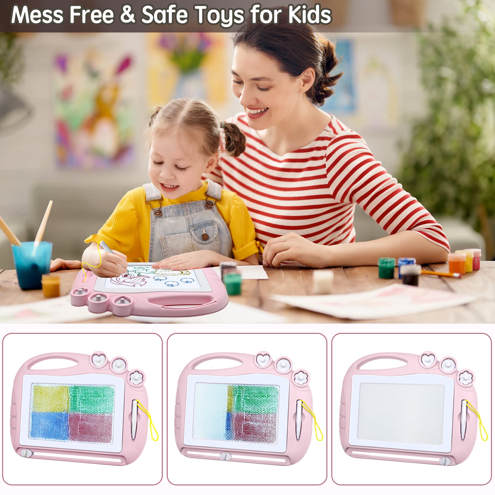 AiTuiTui Magnetic Drawing Board for Toddlers – Safe, Portable Doodle Pad with 4 Colors and 3 Stamps