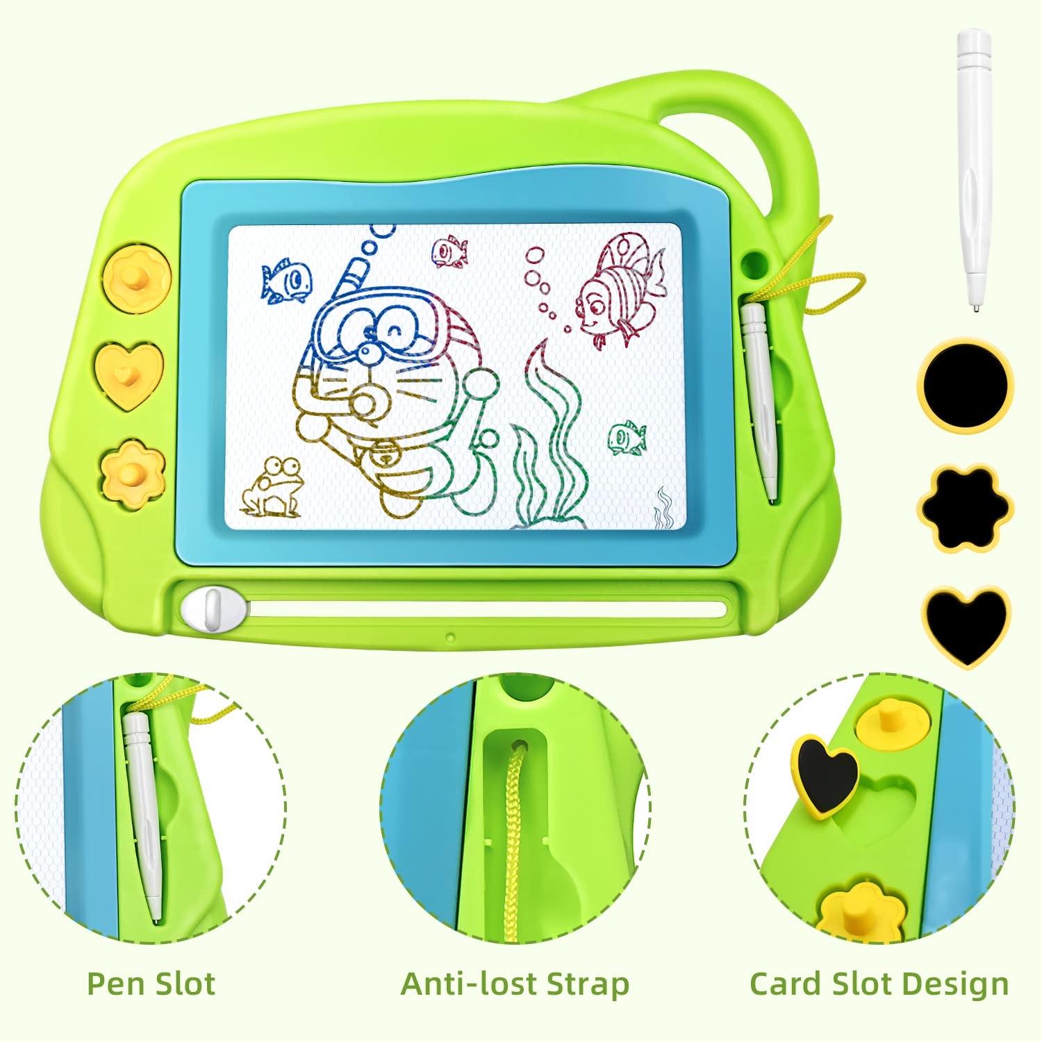 AiTuiTui Mini Magnetic Drawing Board - Travel Doodle Pad with 3 Stamps & Pen, Green