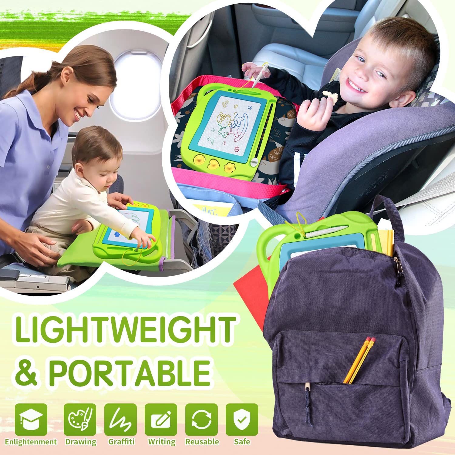 AiTuiTui Mini Magnetic Drawing Board - Travel Doodle Pad with 3 Stamps & Pen, Green