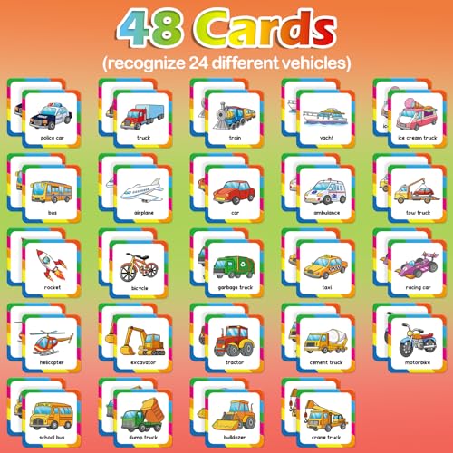 Aizweb Vehicle Match Game – 48-Piece Memory Card Game for Toddlers Ages 3-6, Preschool Learning Activity