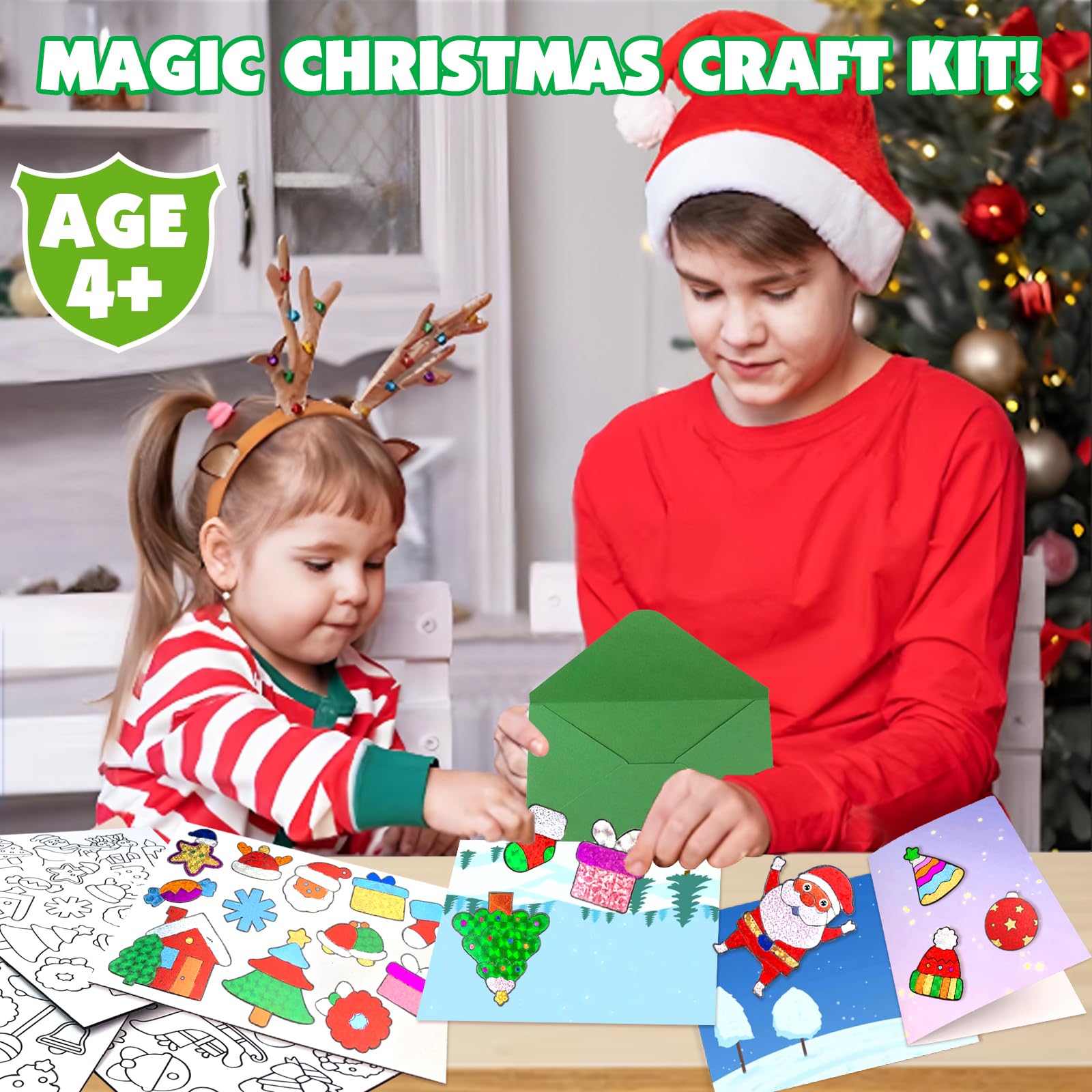 AJAZPER Christmas Foil Craft Kit for Kids – 100 Foil Sheets, 80 Stickers, 10 Cards & Envelopes, Mess-Free DIY Art Set for Ages 4-8