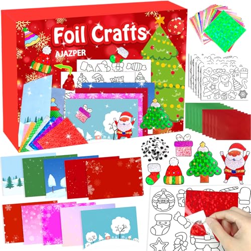 AJAZPER Christmas Foil Craft Kit for Kids – 100 Foil Sheets, 80 Stickers, 10 Cards & Envelopes, Mess-Free DIY Art Set for Ages 4-8
