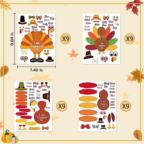 AKEROCK Make-a-Turkey Thanksgiving Sticker Crafts for Kids - 36 Sheets, 4 Designs