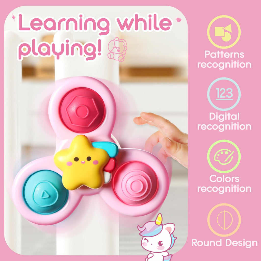 ALASOU 3-Pack Suction Cup Spinner Toys for Toddlers - Sensory Spinning Tops for 1-2 Year Olds - Bath and Travel Fun