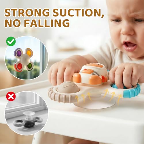 ALASOU 3-Pack Suction Cup Spinner Toys for Toddlers 1-3 - Sensory Travel Toys for 1 Year Old Boys Girls