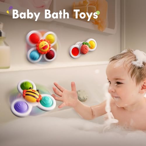 ALASOU 3-Pack Suction Cup Spinner Toys – Sensory Travel Toys for 1-3 Year Olds, Baby Bath Toy, Birthday Gift