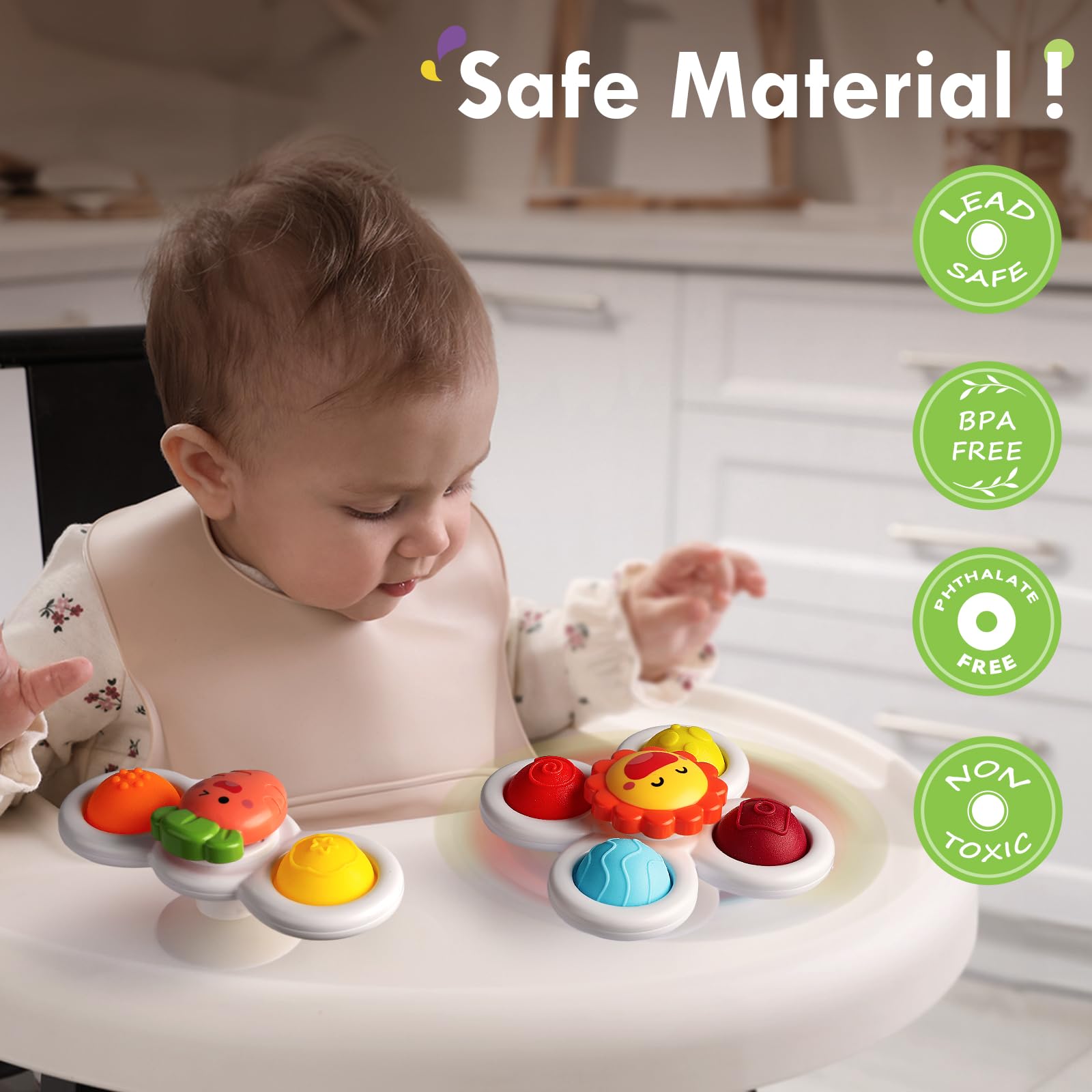 ALASOU 3-Pack Suction Cup Spinner Toys – Sensory Travel Toys for 1-3 Year Olds, Baby Bath Toy, Birthday Gift