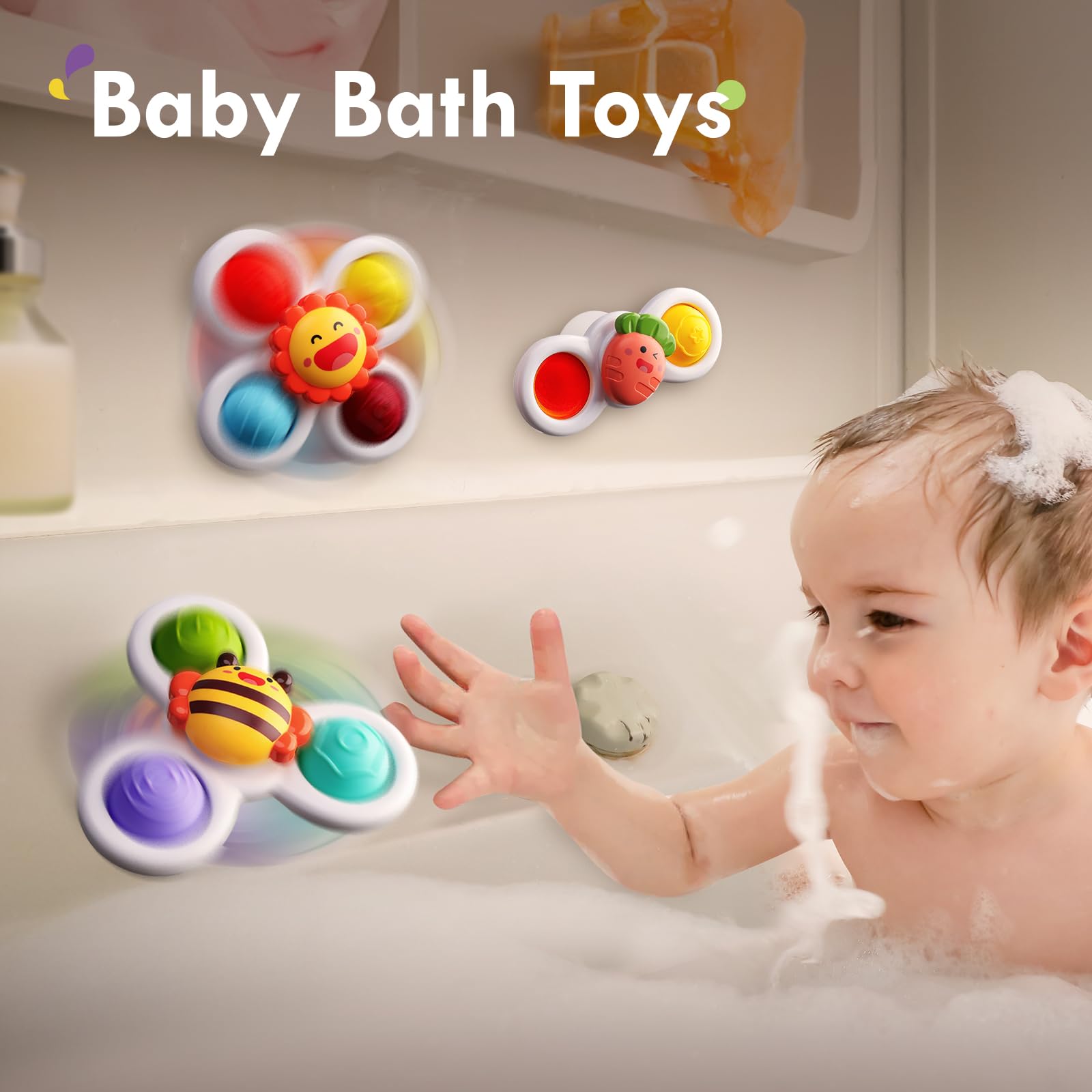 ALASOU 3-Pack Suction Cup Spinner Toys – Sensory Travel Toys for 1-3 Year Olds, Baby Bath Toy, Birthday Gift