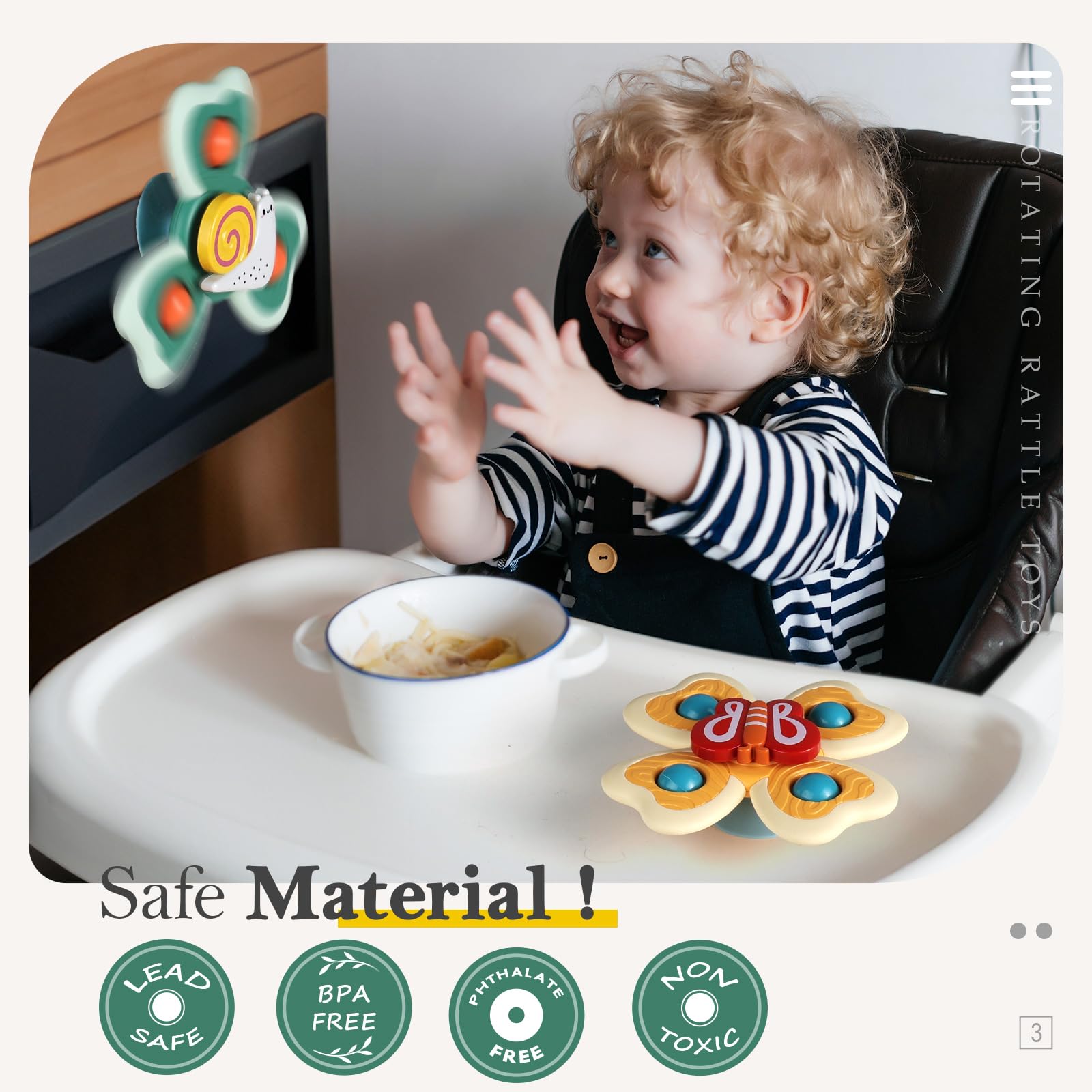 ALASOU 3-Pack Suction Cup Spinner Toys – Spinning Tops for Toddlers 1-2 Years, Bath and Travel Toy for Boys and Girls
