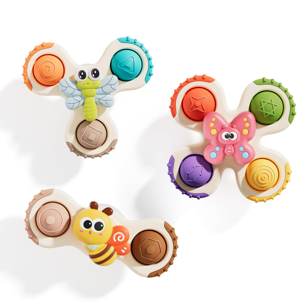 ALASOU 3-Piece Pop Suction Cup Spinner Toys for Babies 12-36 Months – Sensory Spinning Tops for Travel, Bath & High Chair