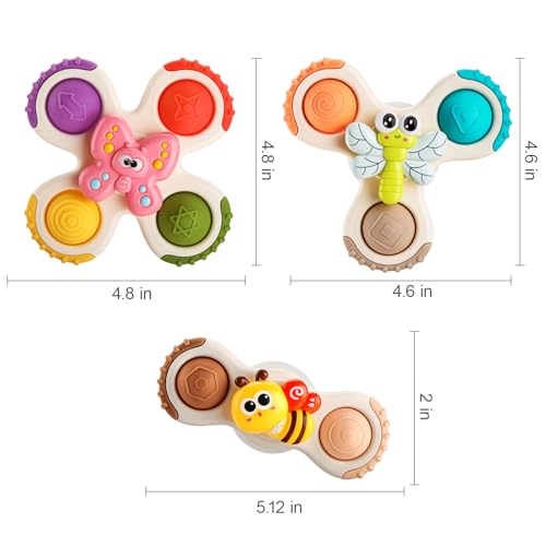 ALASOU 3-Piece Pop Suction Cup Spinner Toys for Babies 12-36 Months – Sensory Spinning Tops for Travel, Bath & High Chair