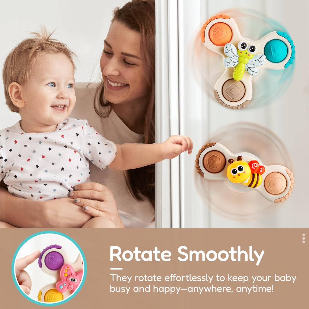 ALASOU 3-Piece Pop Suction Cup Spinner Toys for Babies 12-36 Months – Sensory Spinning Tops for Travel, Bath & High Chair