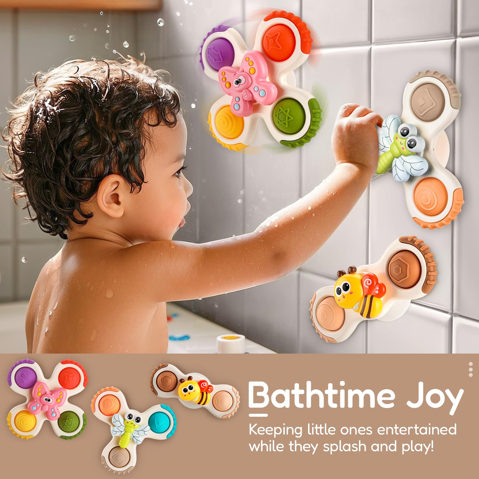 ALASOU 3-Piece Pop Suction Cup Spinner Toys for Babies 12-36 Months – Sensory Spinning Tops for Travel, Bath & High Chair