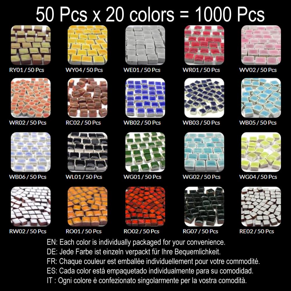 ALEA Mosaic Handmade Ceramic Tiles – 1000 Pieces, 20 Colors, 5x5x3mm for Art and Crafts