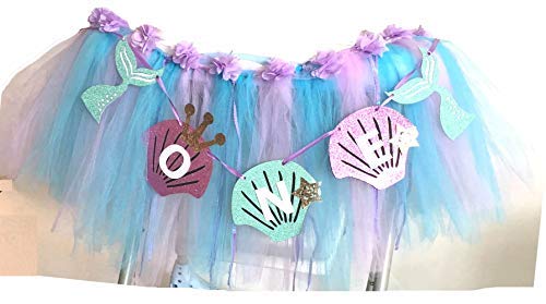 Alemon Mermaid 1st Birthday High Chair Tutu Decoration Set with Purple Blue Shell ONE Pennant Banner