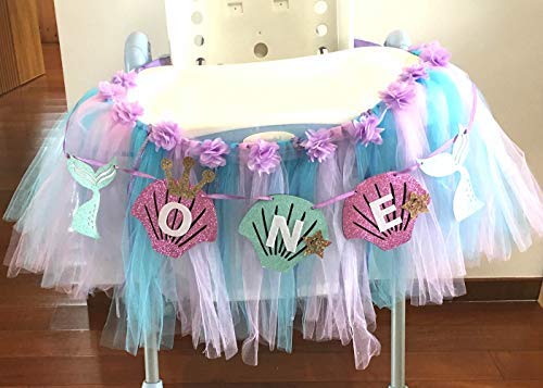 Alemon Mermaid 1st Birthday High Chair Tutu Decoration Set with Purple Blue Shell ONE Pennant Banner