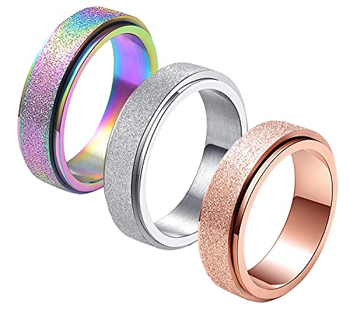 ALEXTINA Anxiety Spinner Ring for Women and Men – 6mm/8mm Stainless Steel Fidget Ring in Silver, Rose Gold, Rainbow Sandblast, Glitter