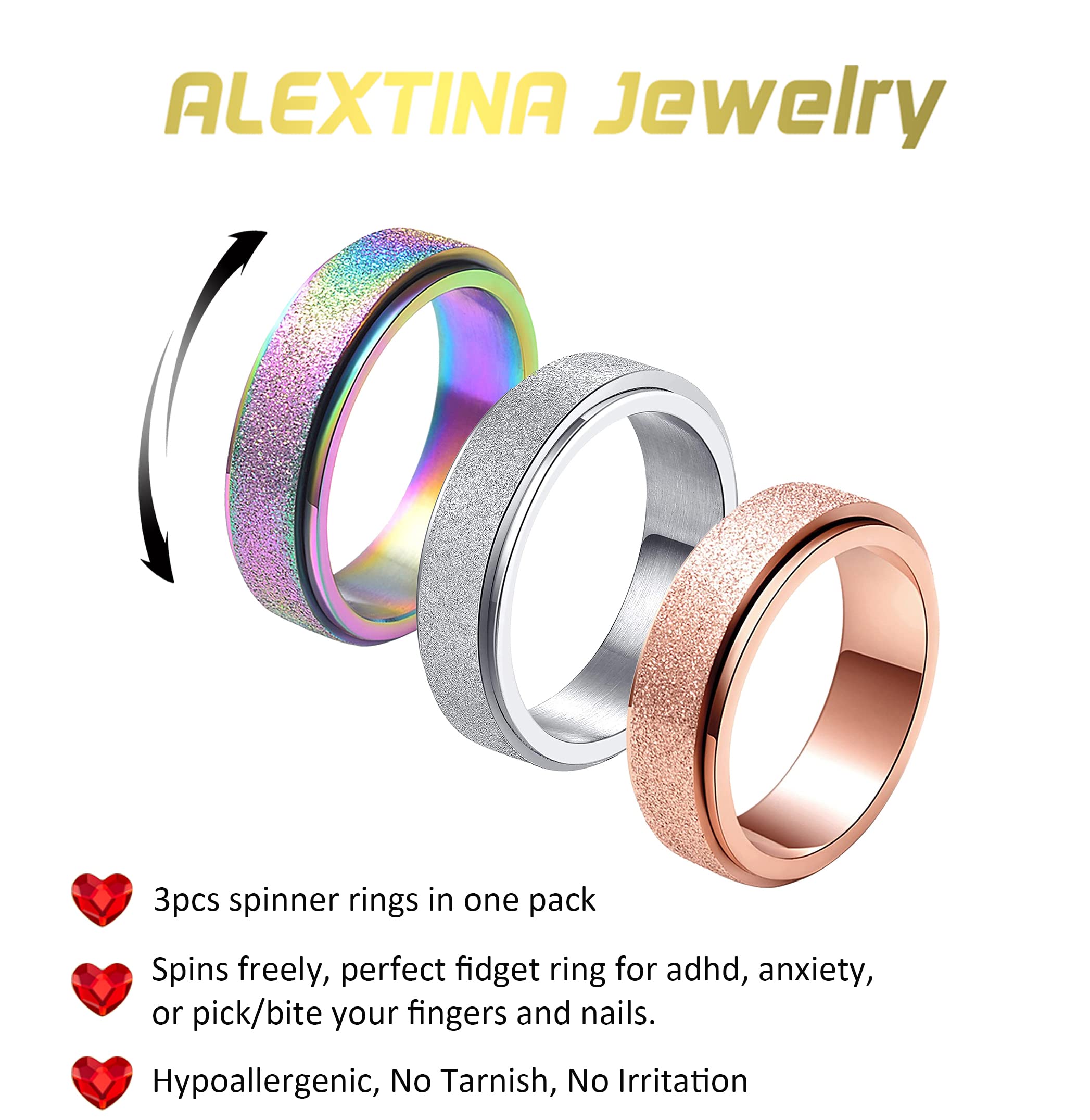 ALEXTINA Stainless Steel Spinner Anxiety Ring for Women & Men - Available in 6mm or 8mm Widths - Multiple Finishes