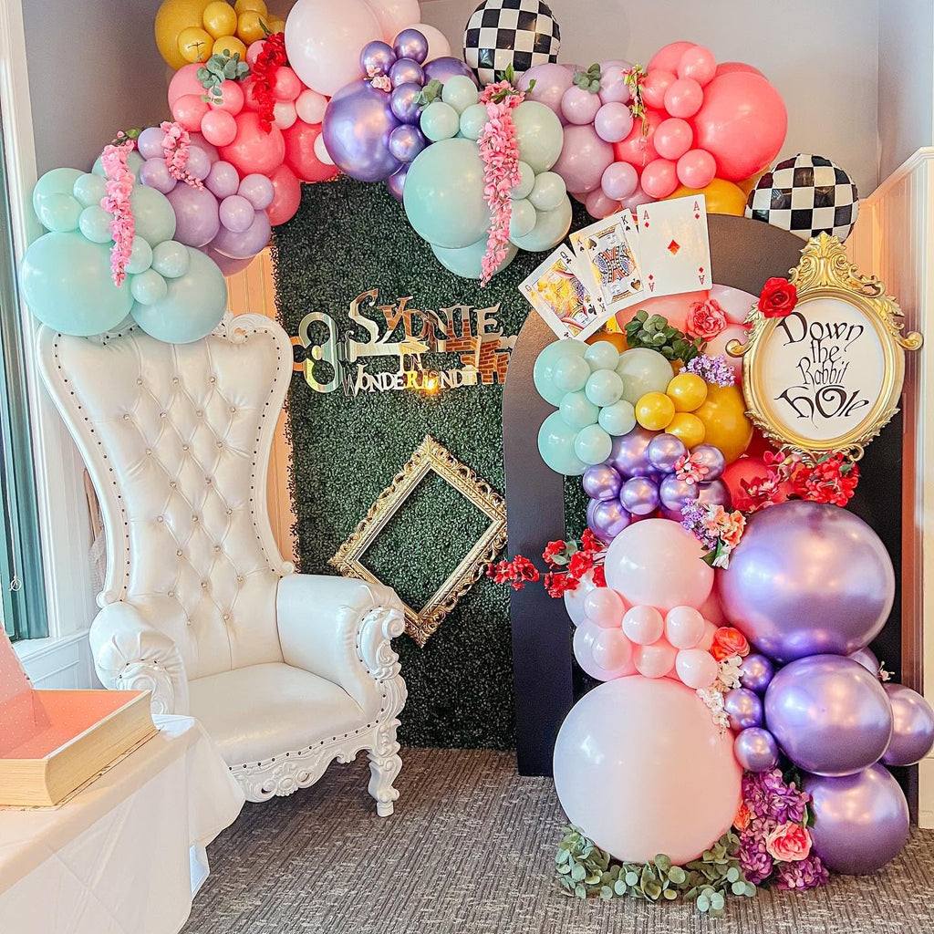 Alice in Wonderland Balloon Garland Arch Kit – 163pc Purple Pink Rainbow & Chessboard Foil Balloons for Onederland Birthday and Tea Party Decor