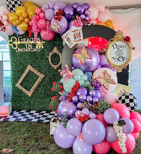 Alice in Wonderland Balloon Garland Arch Kit – 163pc Purple Pink Rainbow & Chessboard Foil Balloons for Onederland Birthday and Tea Party Decor