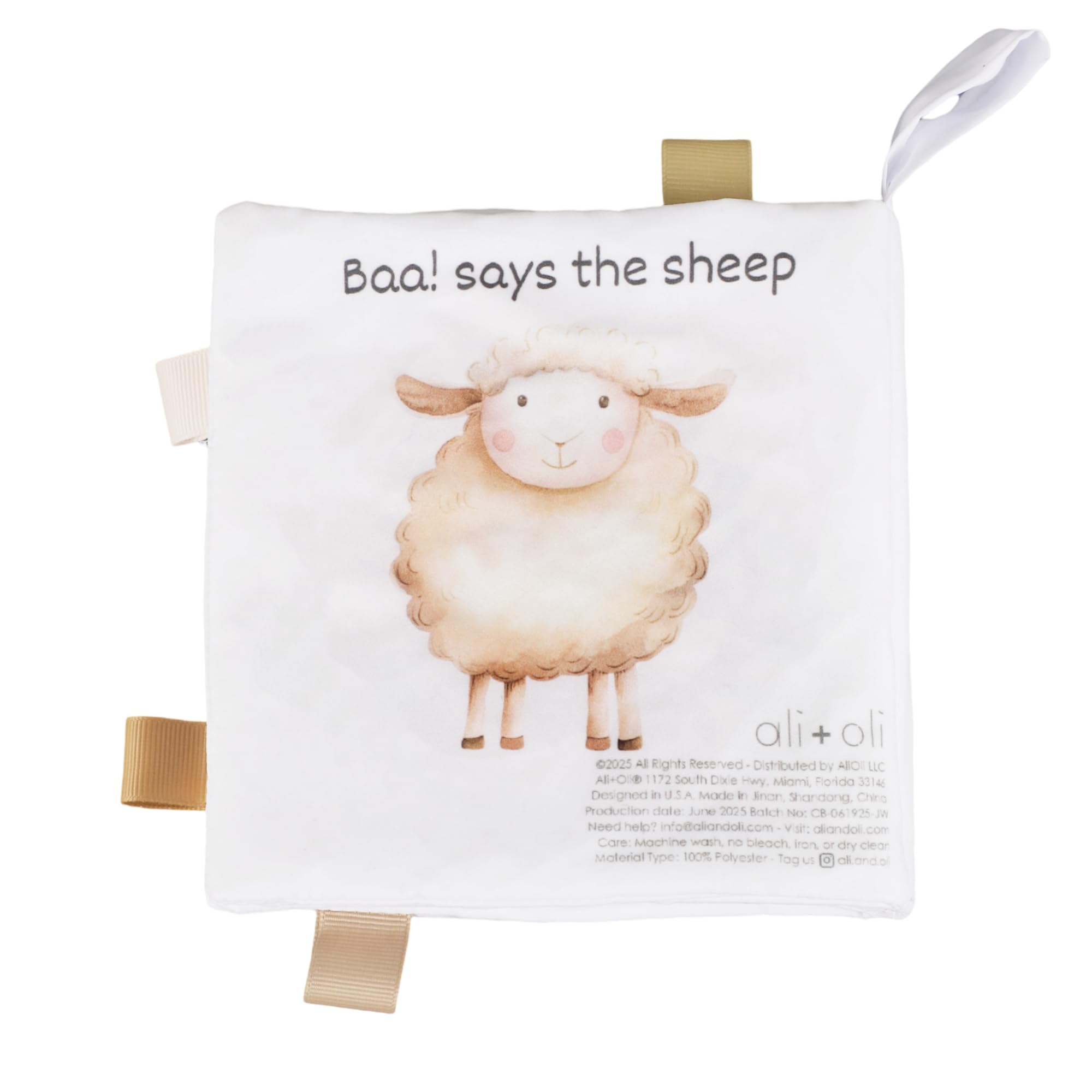 Ali+Oli Baby Cloth Book – Soft Sensory Crinkle Toy with Taggies for Infants 0–12 Months, Farm Animal Theme