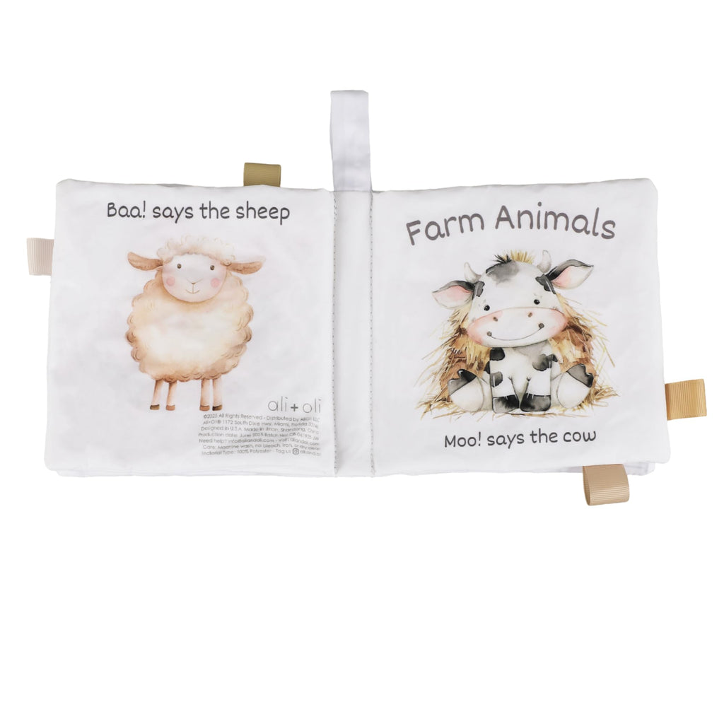 Ali+Oli Baby Cloth Book – Soft Sensory Crinkle Toy with Taggies for Infants 0–12 Months, Farm Animal Theme