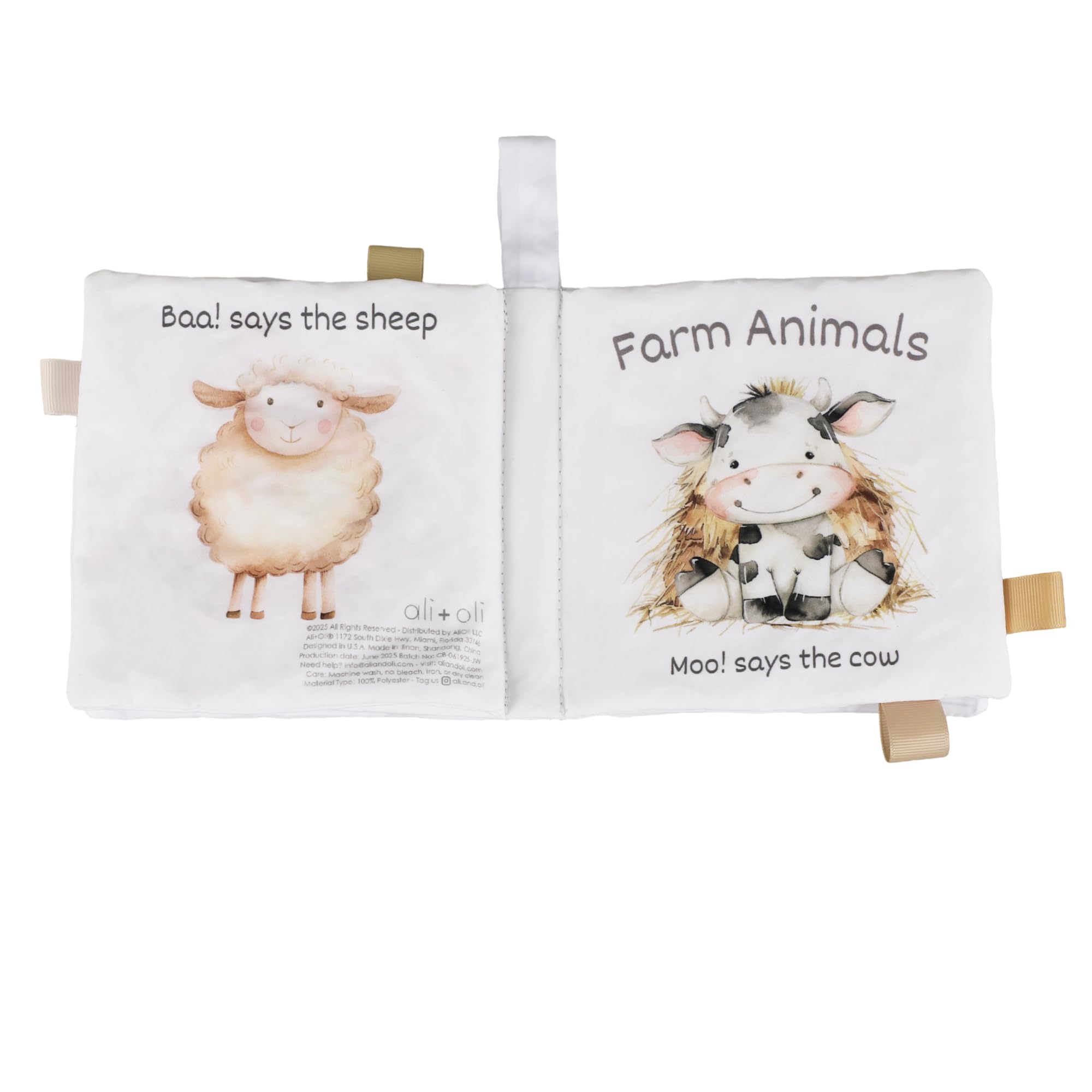 Ali+Oli Baby Cloth Book – Soft Sensory Crinkle Toy with Taggies for Infants 0–12 Months, Farm Animal Theme