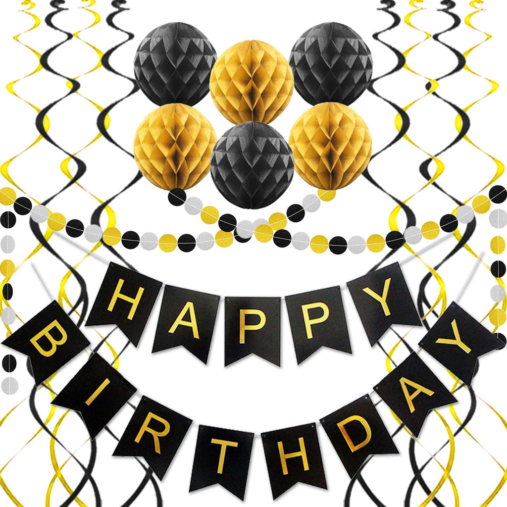 ALLFUN Black and Gold Birthday Party Decorations – Happy Birthday Banner, Honeycomb Balls, Garland & Swirls Set