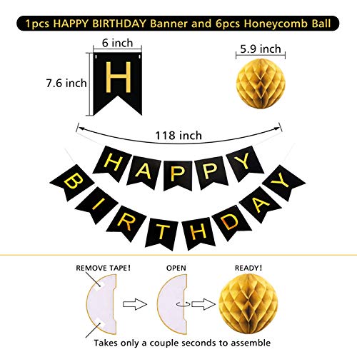 ALLFUN Black and Gold Birthday Party Decorations – Happy Birthday Banner, Honeycomb Balls, Garland & Swirls Set