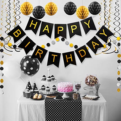 ALLFUN Black and Gold Birthday Party Decorations – Happy Birthday Banner, Honeycomb Balls, Garland & Swirls Set