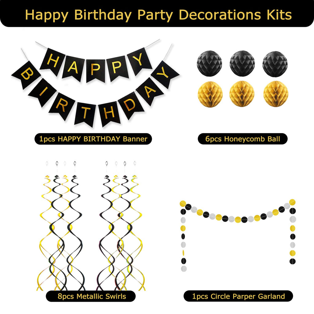 ALLFUN Black and Gold Birthday Party Decorations – Happy Birthday Banner, Honeycomb Balls, Garland & Swirls Set