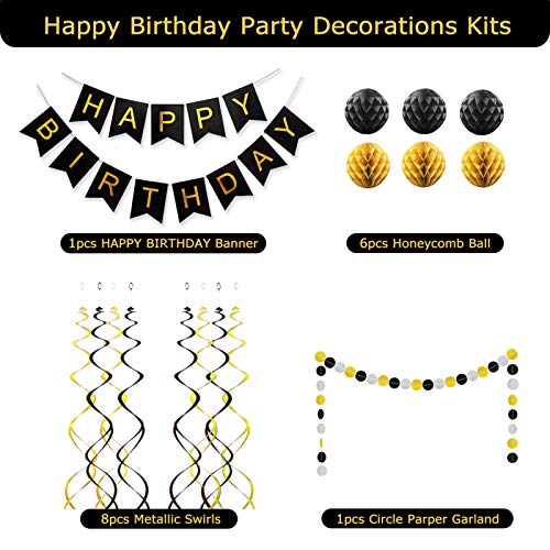 ALLFUN Black and Gold Birthday Party Decorations – Happy Birthday Banner, Honeycomb Balls, Garland & Swirls Set